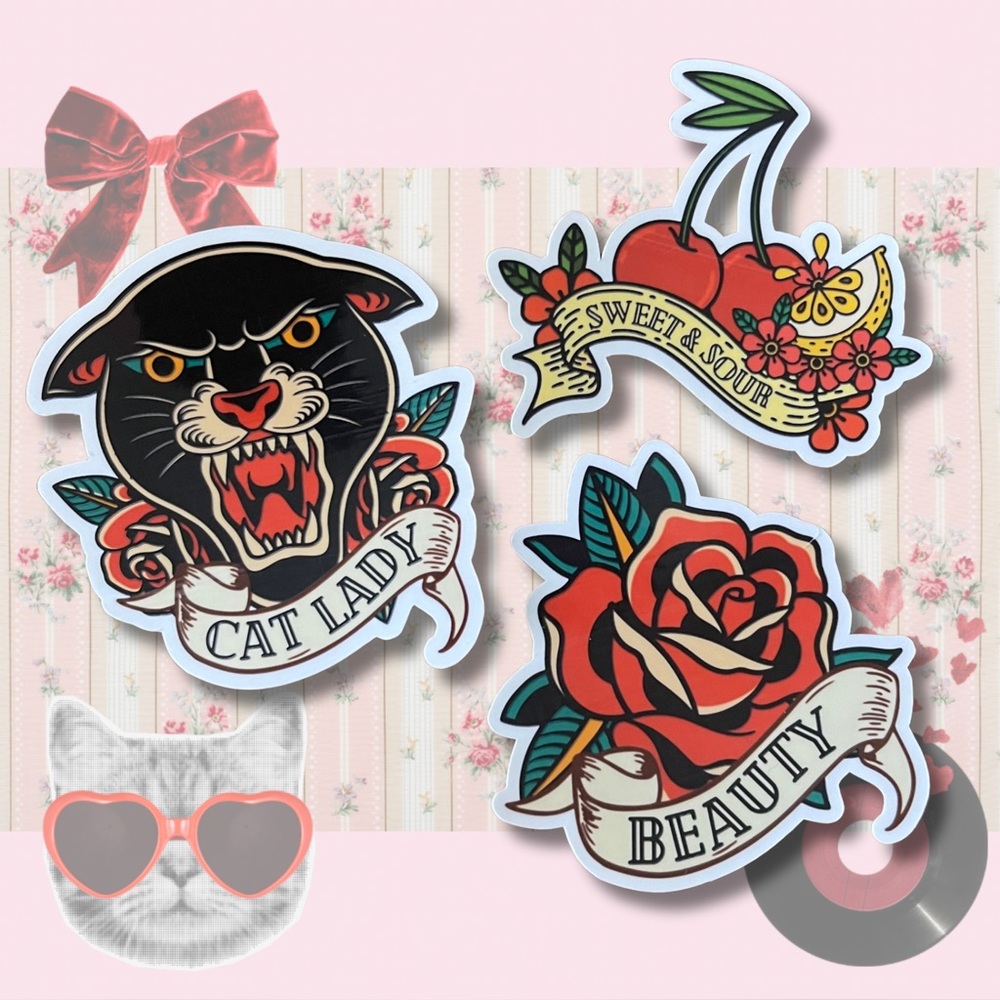 Set of 3 handmade custome stickers American Traditional Tattoo-Inspired Stickers